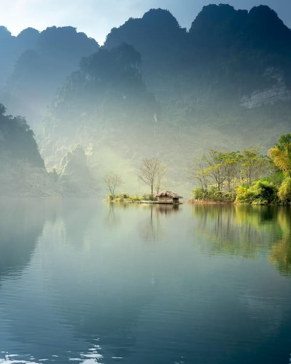 A scenic lake and forest landscape